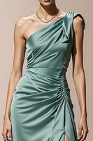 Load image into Gallery viewer, Mint Green Satin One Shoulder Sheath Long Formal Dress with Slit