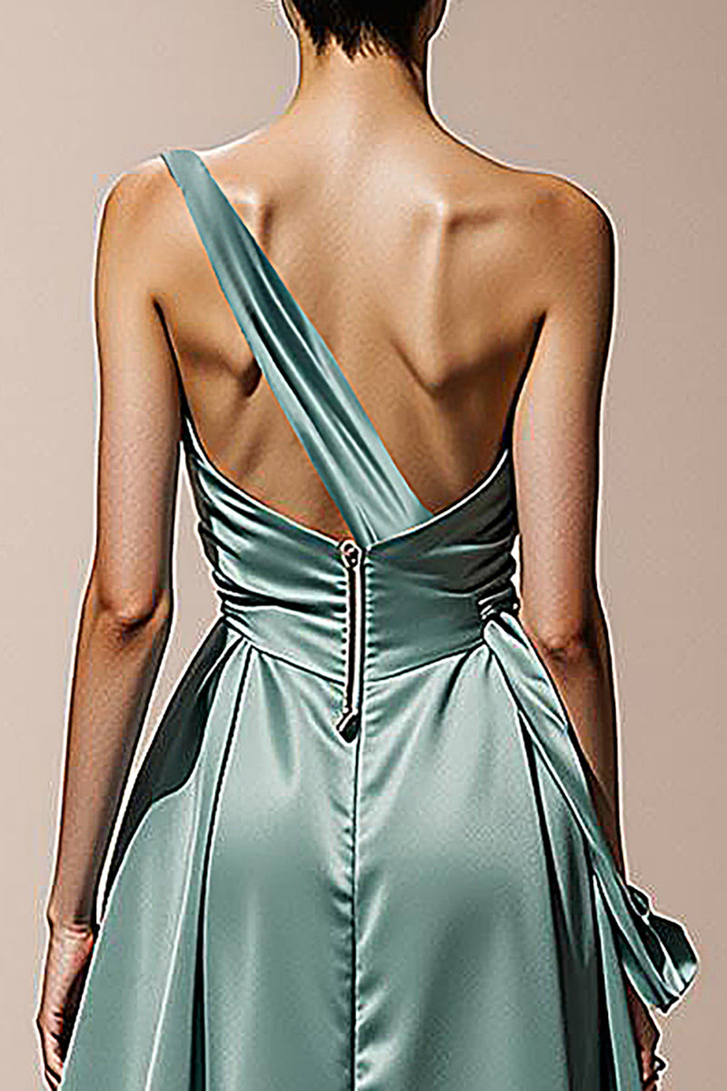 Load image into Gallery viewer, Mint Green Satin One Shoulder Sheath Long Formal Dress with Slit