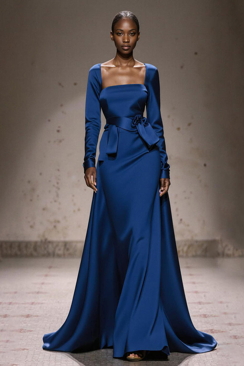 Load image into Gallery viewer, Royal Blue Square Neck Satin Long Sleeves Formal Dress with Sash