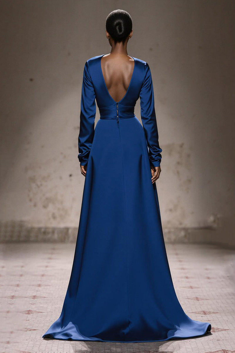 Load image into Gallery viewer, Royal Blue Square Neck Satin Long Sleeves Formal Dress with Sash
