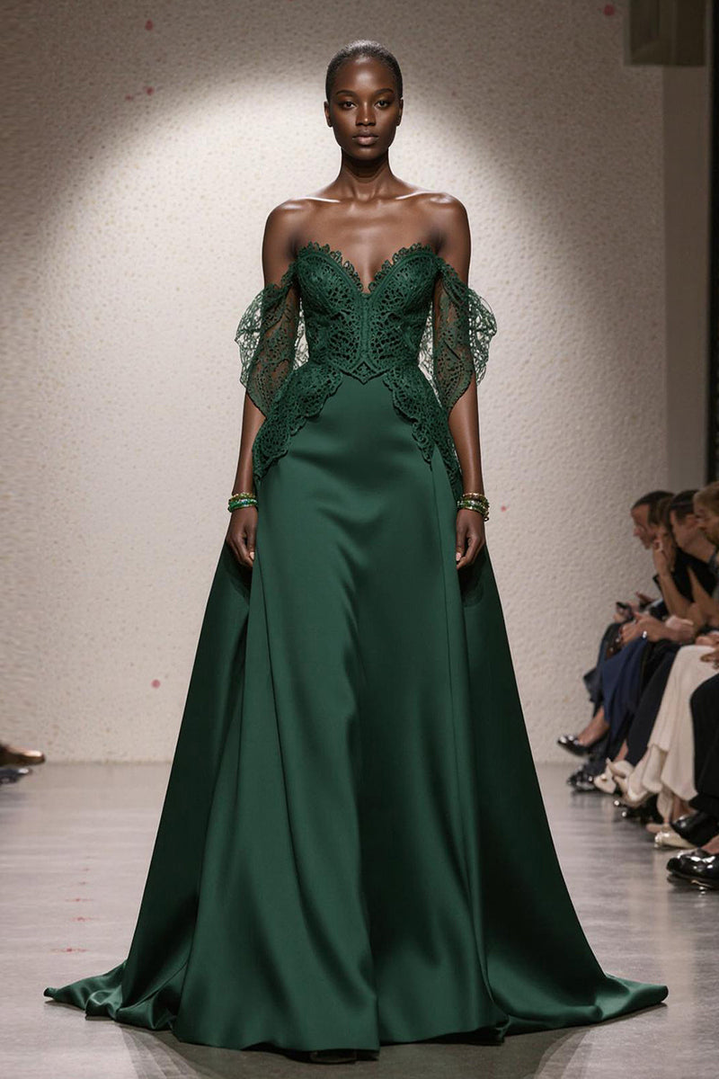 Load image into Gallery viewer, Dark Green Satin Off the Shoulder A Line Long Formal Dress with Lace