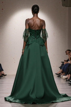 Dark Green Satin Off the Shoulder A Line Long Formal Dress with Lace