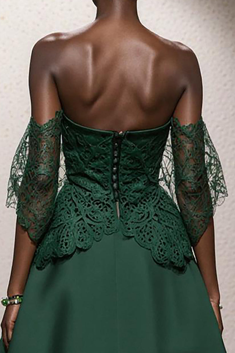 Load image into Gallery viewer, Dark Green Satin Off the Shoulder A Line Long Formal Dress with Lace