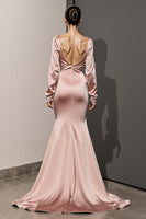 Load image into Gallery viewer, Light Pink Backless Mermaid Satin Long Sleeves Formal Dress