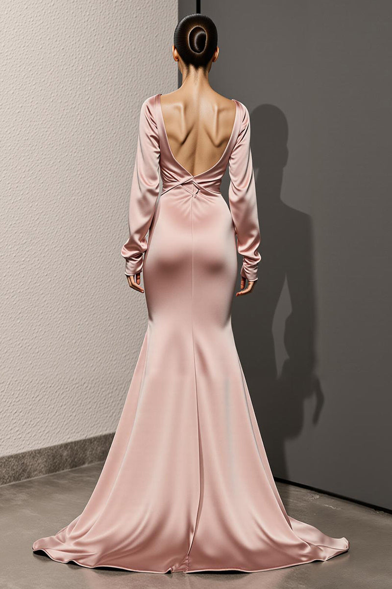 Load image into Gallery viewer, Light Pink Backless Mermaid Satin Long Sleeves Formal Dress