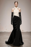 Load image into Gallery viewer, Black and White Mermaid Satin Halter Patchwork Long Formal Dress