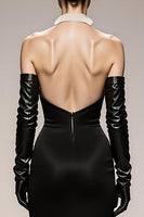 Load image into Gallery viewer, Black and White Mermaid Satin Halter Patchwork Long Formal Dress