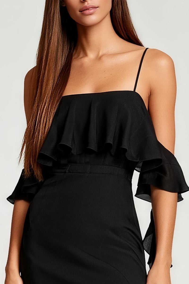 Load image into Gallery viewer, Black Cold Shoulder Bodycon Mini Cocktail Dress with Ruffles