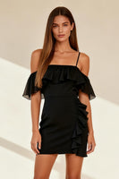 Load image into Gallery viewer, Black Ruffled Cold Shoulder Bodycon Short Cocktail Dress