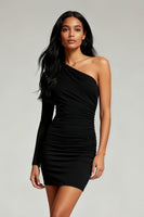Load image into Gallery viewer, Black One Shoulder Short Tight Cocktail Dress with Sleeves