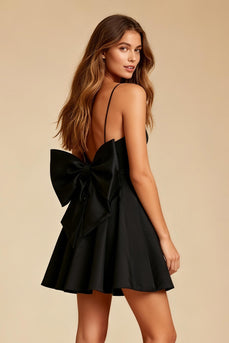 Black Spaghetti Straps A Line Short Cocktail Dress with Bow