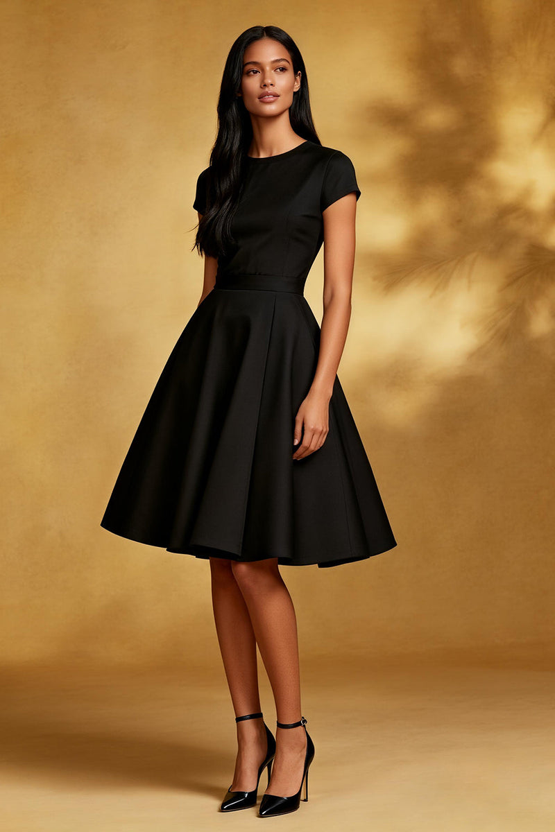 Load image into Gallery viewer, Black Round Neck A Line Short Cocktail Dress with Sleeves