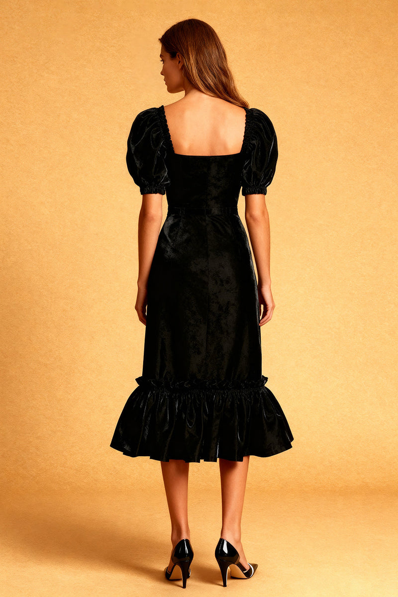 Load image into Gallery viewer, Black Velvet Square Neck Sheath Midi Cocktail Dress with Sleeves