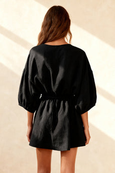 Black Ruched Round Neck Mini Work Dress with Sleeves