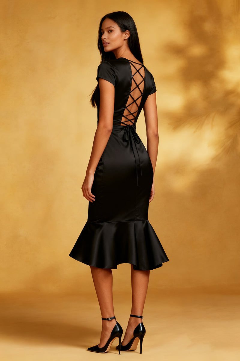 Load image into Gallery viewer, Black Mermaid Round Neck Satin Midi Cocktail Dress with Ruffles