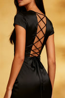 Load image into Gallery viewer, Black Mermaid Round Neck Satin Midi Cocktail Dress with Ruffles