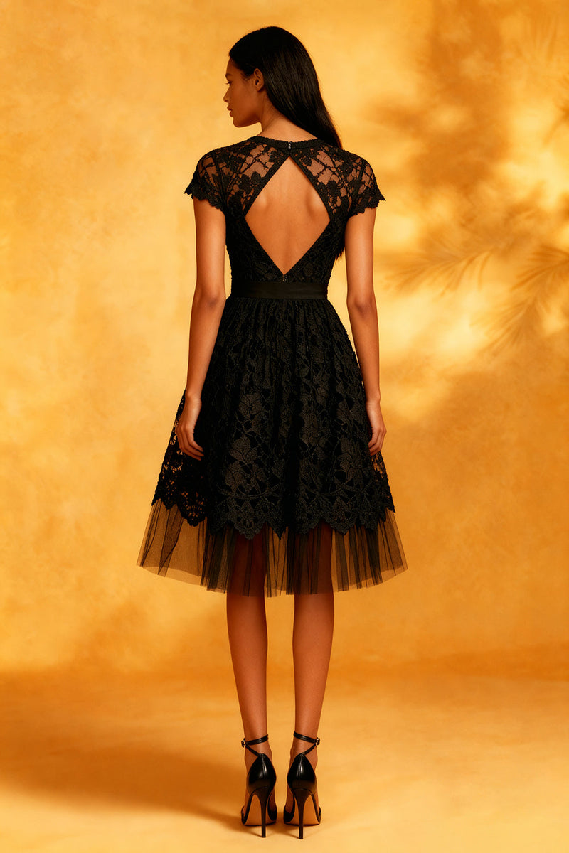 Load image into Gallery viewer, Black Backless A Line Lace Short Cocktail Dress with Sleeves
