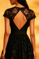 Load image into Gallery viewer, Black Backless A Line Lace Short Cocktail Dress with Sleeves