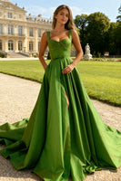 Load image into Gallery viewer, Green A Line Long Formal Dress with Slit