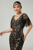 Load image into Gallery viewer, Sparkly Black Golden Sequins V-Neck Flapper Dress with Fringes