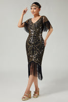 Load image into Gallery viewer, Sparkly Black Golden Sequins V-Neck Flapper Dress with Fringes