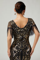 Load image into Gallery viewer, Sparkly Black Golden Sequins V-Neck Flapper Dress with Fringes