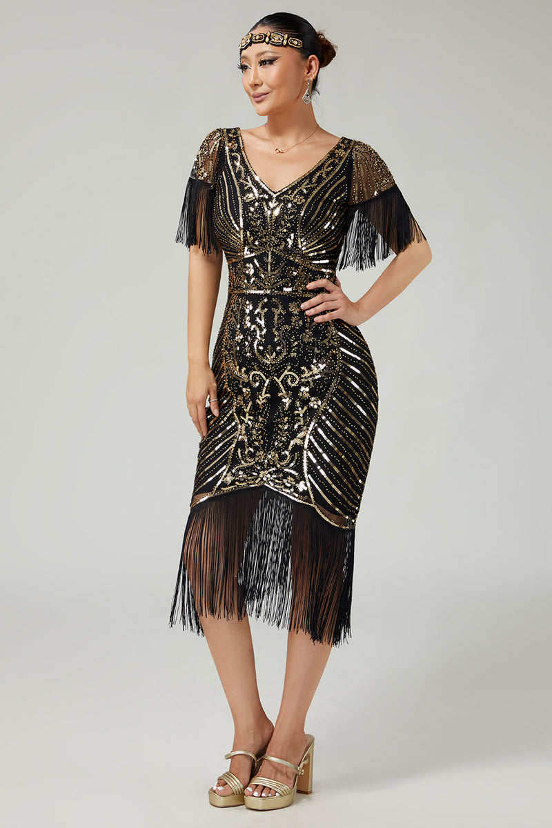 Load image into Gallery viewer, Sparkly Black Golden Sequins V-Neck Flapper Dress with Fringes