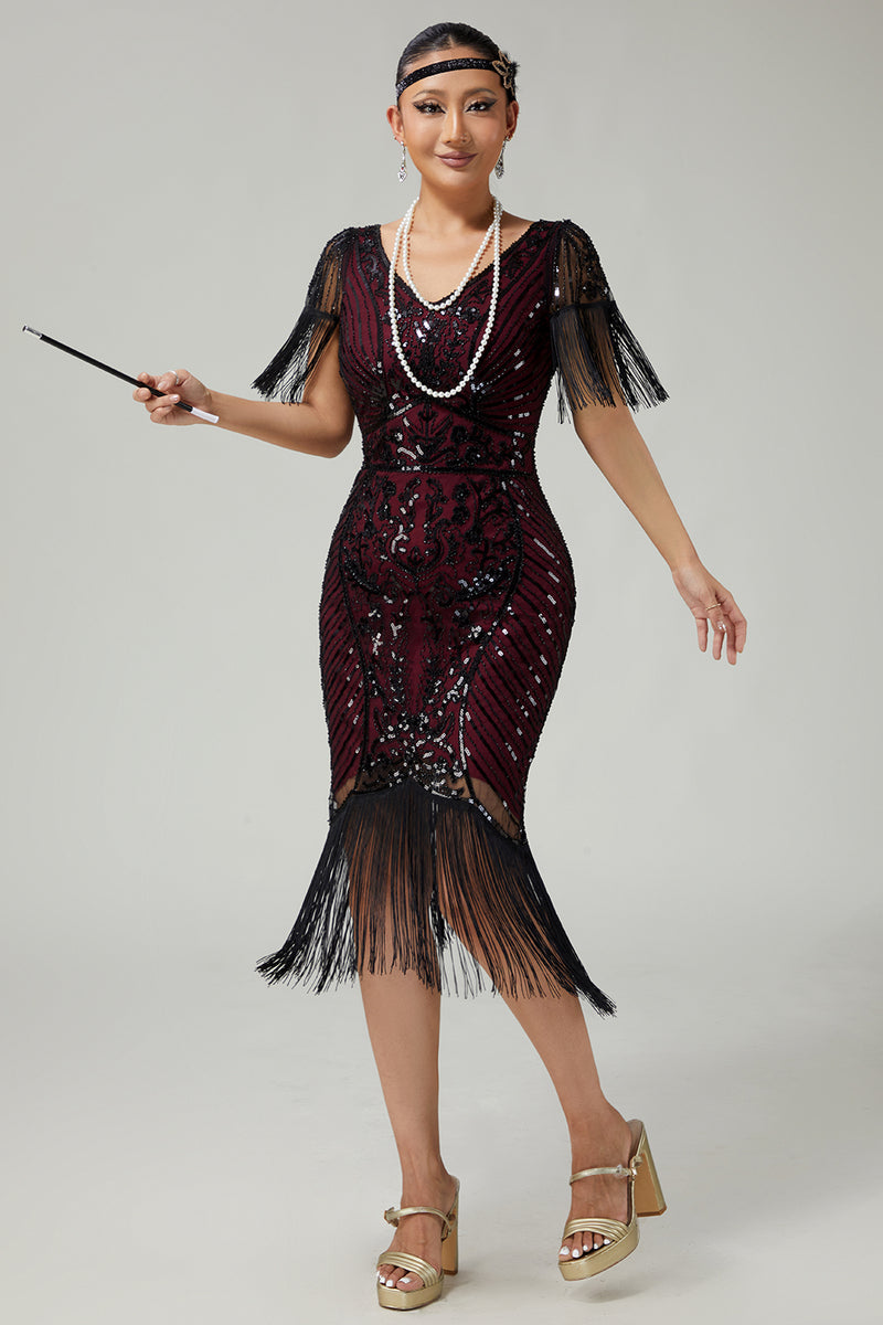 Load image into Gallery viewer, Sparkly Black Golden Sequins V-Neck Flapper Dress with Fringes