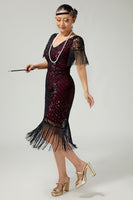 Load image into Gallery viewer, Sparkly Black Golden Sequins V-Neck Flapper Dress with Fringes