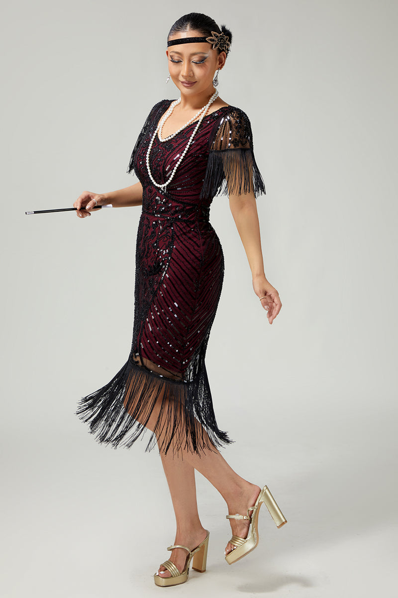 Load image into Gallery viewer, Sparkly Black Golden Sequins V-Neck Flapper Dress with Fringes