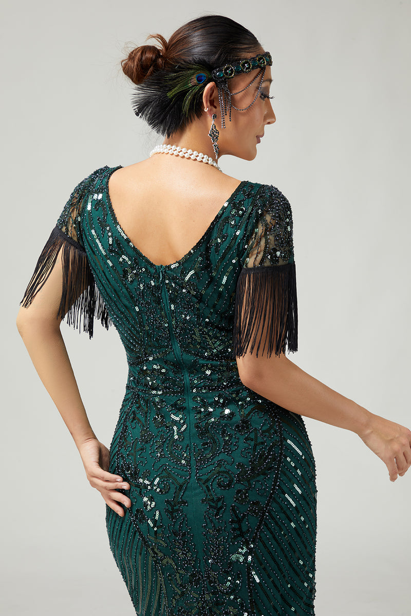 Load image into Gallery viewer, Sparkly Black Golden Sequins V-Neck Flapper Dress with Fringes