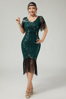 Load image into Gallery viewer, Sparkly Black Golden Sequins V-Neck Flapper Dress with Fringes