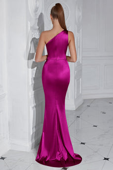 Burgundy One Shoulder Mermaid Maxi Prom Dress with Slit