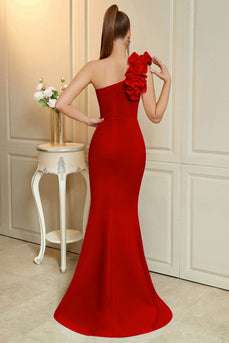 Simple Red Ruffled Mermaid One Shoulder Long Prom Dress with Slit