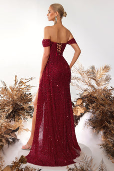 Sparkly Burgundy Corset Off the Shoulder Long Sequin Prom Dress with Slit