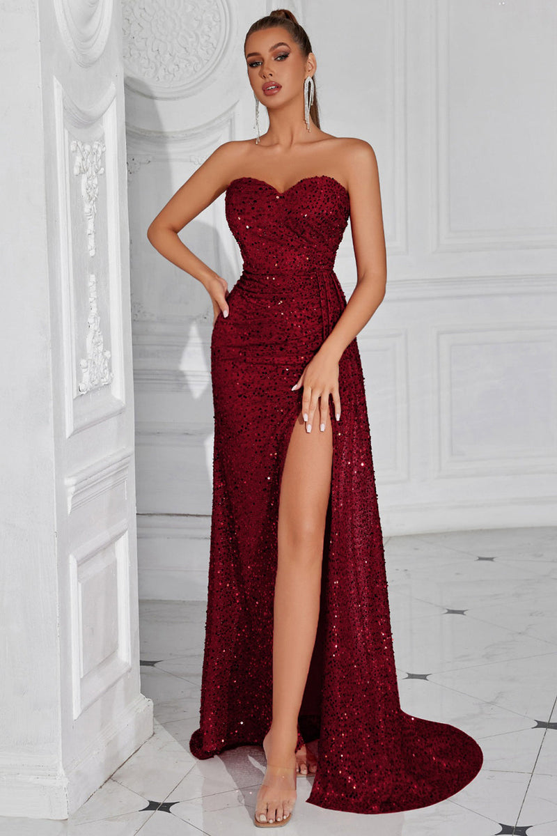 Queendancer Women Sparkly Burgundy Sequin Long Prom Dress with Side Cape  Mermaid Sweetheart Holiday Party Dress with Slit – queendanceruk