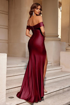 Simple Burgundy Mermaid Off the Shoulder Long Prom Dress with Slit