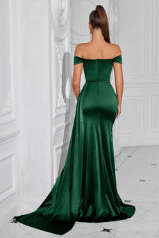 Dark Green Off The Shoulder Mermaid Ruched Maxi Prom Dress with Slit