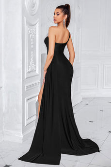 Black One Shoulder Mermaid Ruched Long Prom Dress with Slit