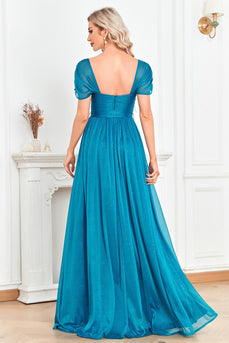 Blue Sweetheart A Line Ruched Sash Long Prom Dress with Slit