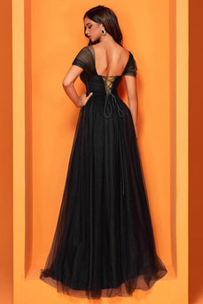 Black Tulle A Line Long Corset Prom Dress with Slit