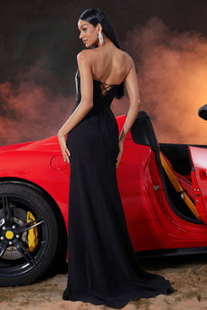 Black Strapless Mermaid Fringed Long Prom Dress with Slit