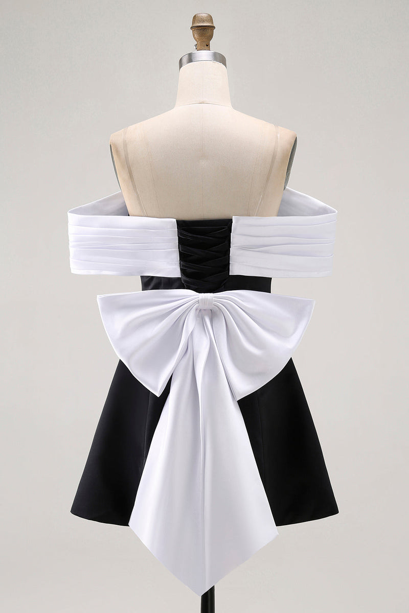 Load image into Gallery viewer, Black A Line Off the Shoulder Short Prom Dress with Bow