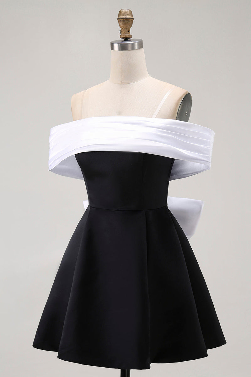 Load image into Gallery viewer, Black A Line Off the Shoulder Short Prom Dress with Bow