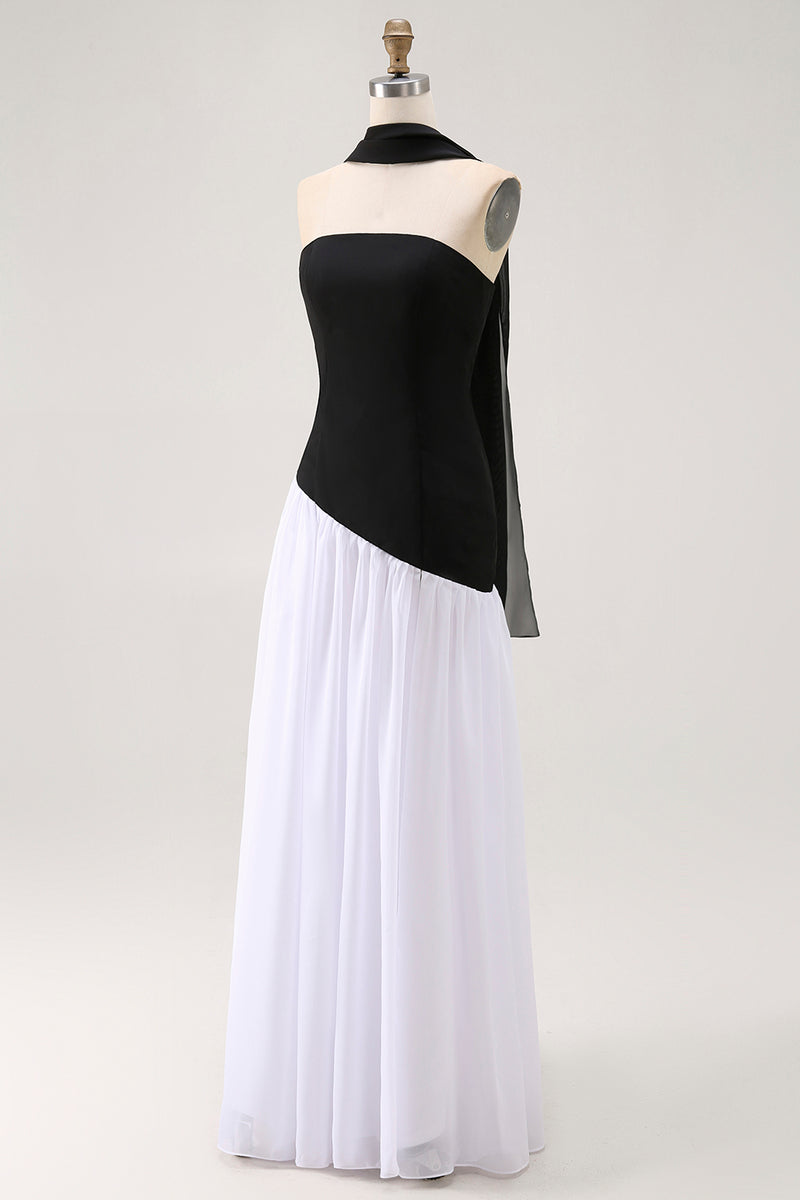 Load image into Gallery viewer, Black and White Neck Scarf Sheath Long Formal Dress with Slit