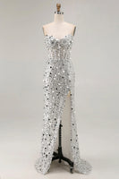 Load image into Gallery viewer, Sparkly Fuchsia Strapless Sequins Long Corset Prom Dress with Slit