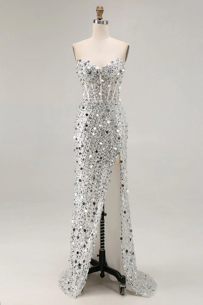 Load image into Gallery viewer, Sparkly Fuchsia Strapless Sequins Long Corset Prom Dress with Slit