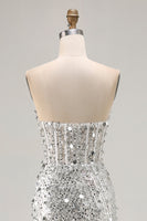 Load image into Gallery viewer, Sparkly Silver Mermaid Corset Long Sequin Prom Dress with Slit