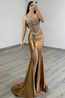 Load image into Gallery viewer, Sparkly Dark Gold Mermaid Beaded Long Corset Prom Dress with Slit