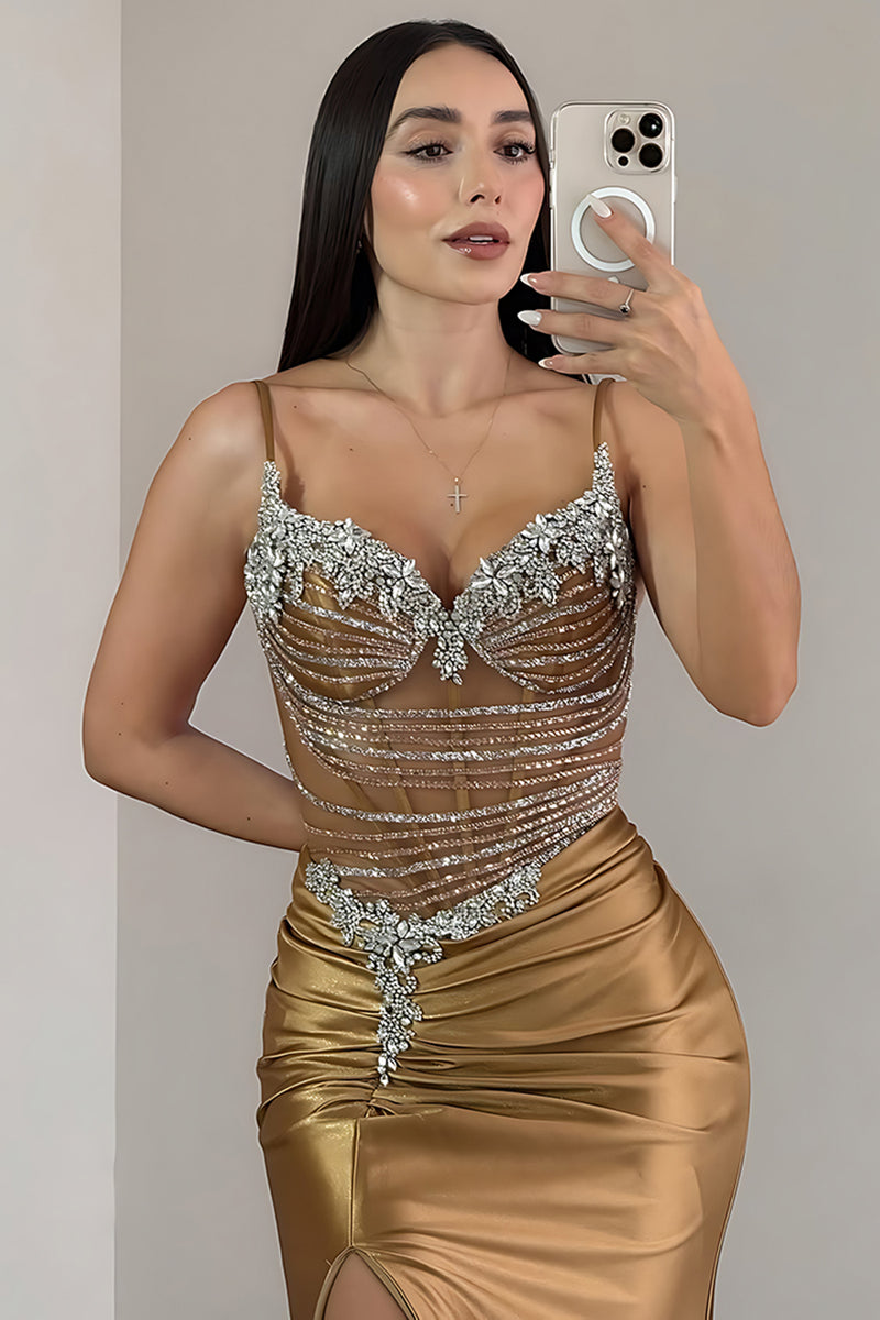 Load image into Gallery viewer, Sparkly Dark Gold Mermaid Beaded Long Corset Prom Dress with Slit
